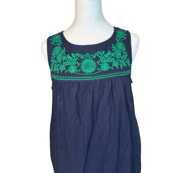 J Crew Factory Shift Dress Med Navy Blue Green Embroidered Linen Blend Pockets - Picture 4 of 12